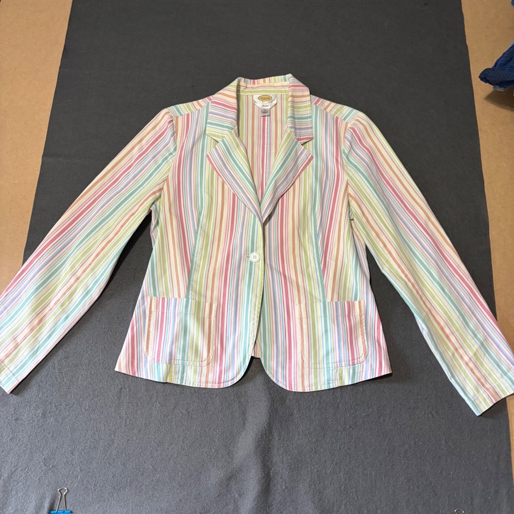 Talbots Stripe Blazer Women 12 Pink White Blue Stretch Preppy Cotton Coastal